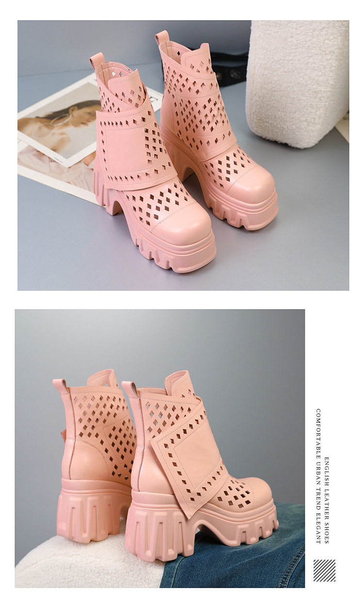 Sandal cao gót nữ hở mũi da bò lỗ khí mùa hè, gót siêu cao 8 cm, phong cách Martens — [Trắng], [Hồng], [Kaki đậm], [Đen] chi tiết 13