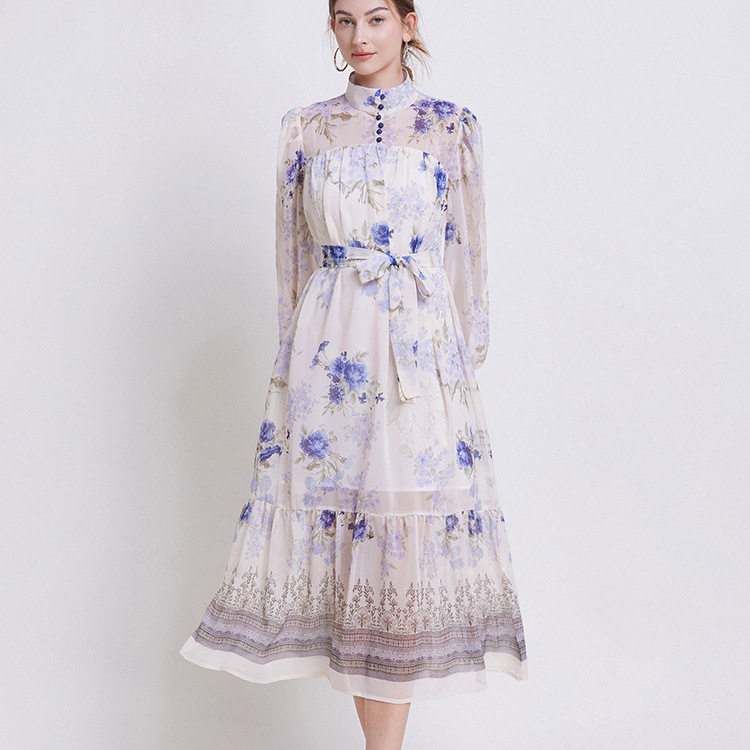 Elegant Womens Long Sleeve Dress High Neck Waist Tie Ruffled Hem Floral Print Perfect for Spring Summer Events