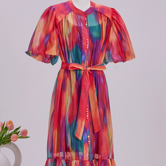 Long Sleeve Puff Sleeve Shirt Dress Waist Defining Floral Print Button Closure Spring Fashion for Women OEM
