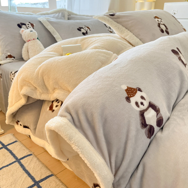 Milk Velvet Cashmere Four-Piece Winter Thickeneded Double-Sided Velvet Quilt Cover Coral Velvet Three-Piece Bed Bed Sheets Winter Fleece-Lined