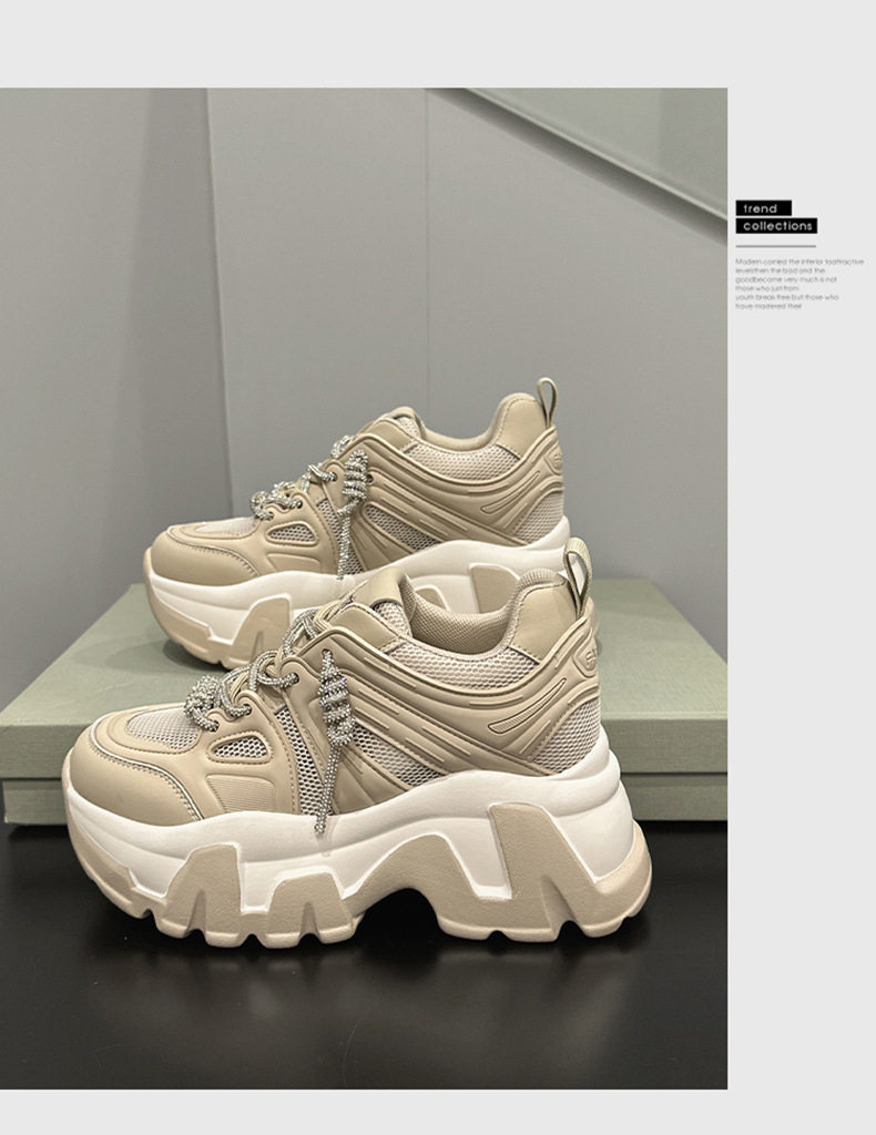 Giày sneaker nữ chạy bộ mesh thoáng khí đế cao 6-8 cm, mũi tròn, dây buộc — Len thuần, Ka ki chi tiết 13