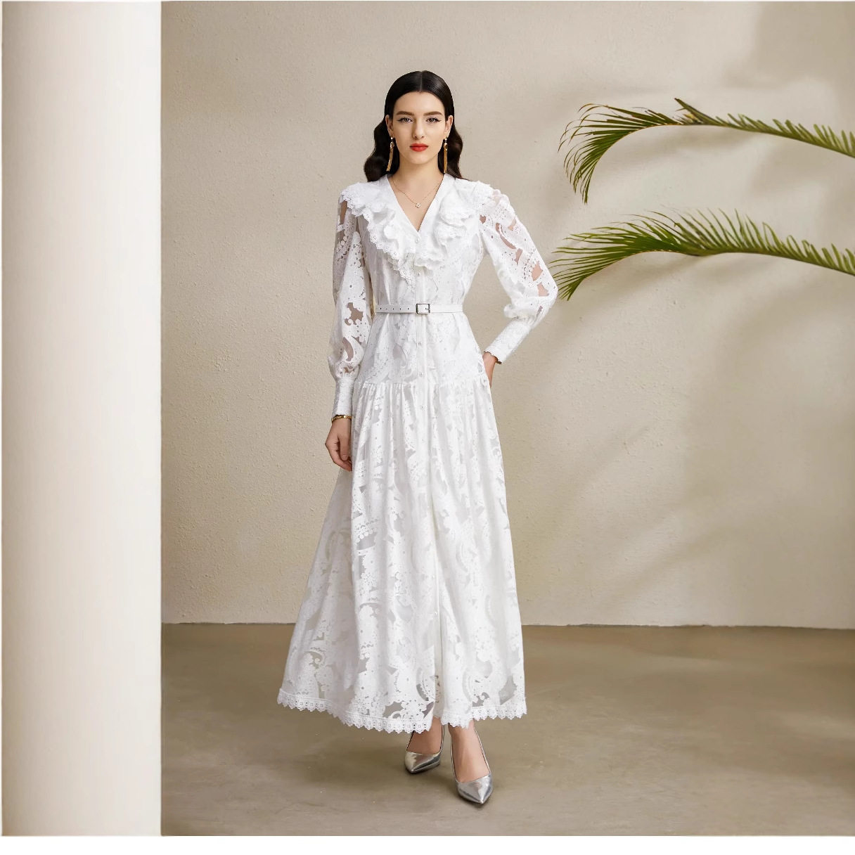 French Style Lantern Sleeve Dress for Women Autumn Sheer Mesh Hollow Out Ruffle Hem Waist Defined Long Gown