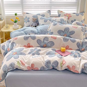 Class A Small Fresh Thickened Sanding Four-piece Set Washed Cotton Bed Sheet Quilt Cover Pillowcase Student Dormitory Three-piece Cover ins
