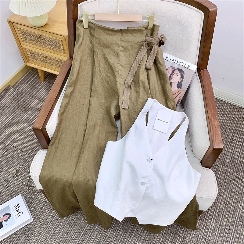 Áo vest nữ vải lanh phối quần, dáng gile không tay phong cách công sở — Ma mi-vest nguyên bản, Màu nâu thuốc lá-Áo vest, Vest trắng vải lanh, Gạo thô-Quần