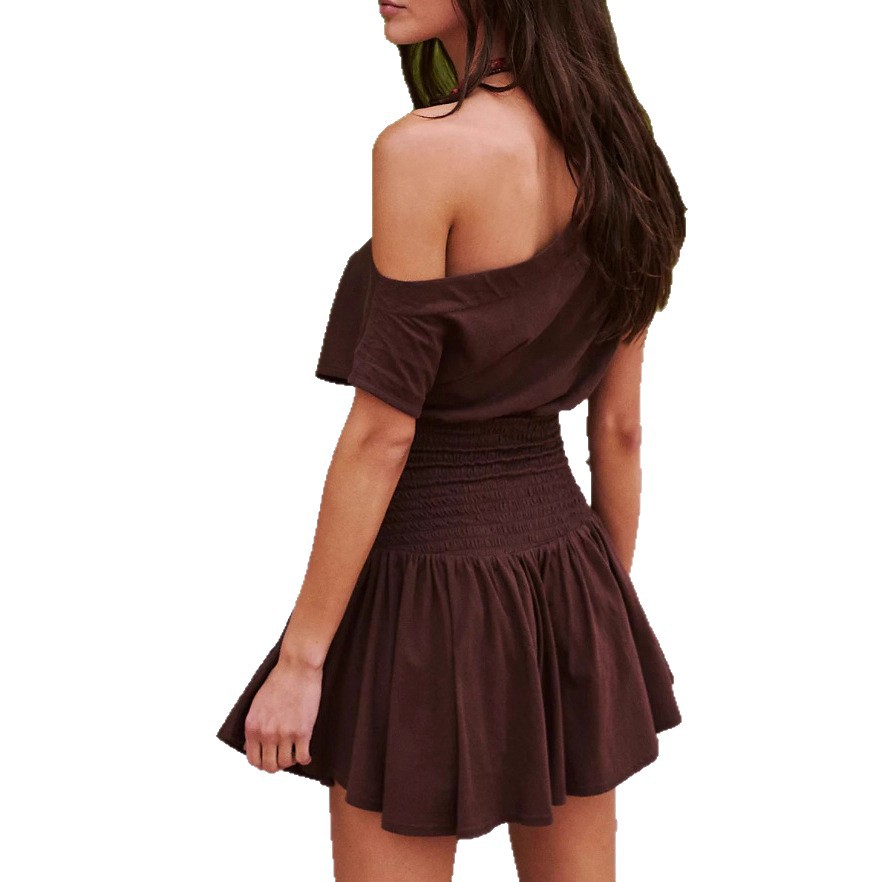 Elegant Solid Color Asymmetrical Shoulder Dress Elastic Waist Short Skirt Autumn Style Wholesale Available