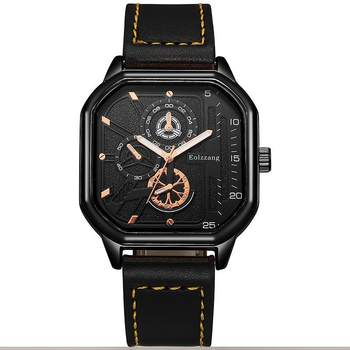 Square Men's Watch, Cool for Teenagers, Non-Mechanical Watch for High School Students, Leather Strap, Large Dial, Trendy New Product
