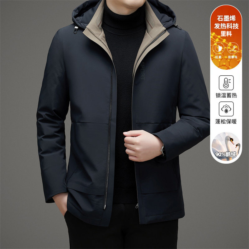 Áo Khoác Phao Nam Milk Silk 90% Lông Ngỗng Xám Mỏng Nhẹ Có Mũ Màu Xanh Navy