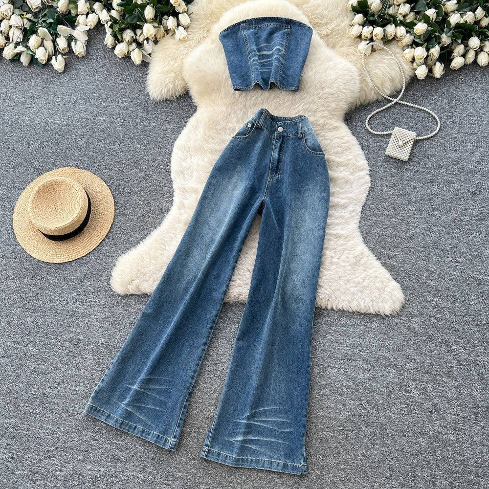 Vintage Denim Two Piece Set Casual Style High Waisted Wide Leg Pants Slim Fit Sleeveless Top Summer Wear