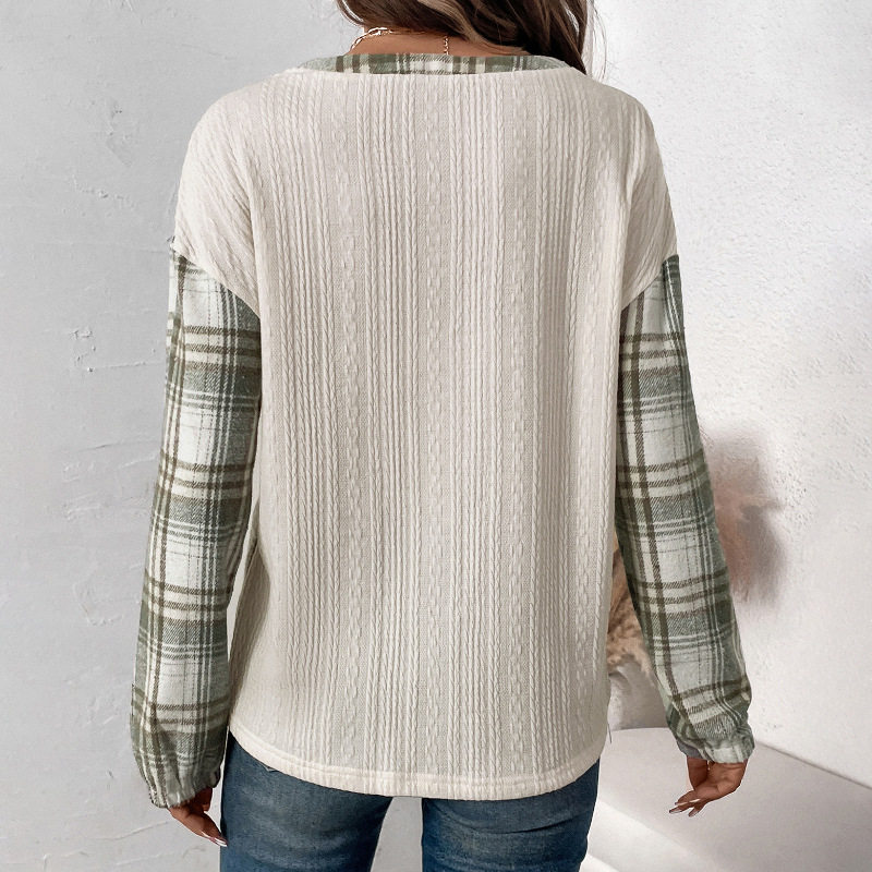 Casual Vintage Plaid Patchwork Top Textured Fabric Simple Design Autumn Style Wholesale Available