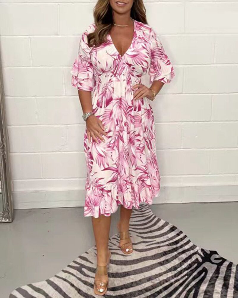 Summer Floral Print V Neck Long Sleeve Dress for Women Casual Style Perfect for Beach or Outdoor Events Wholesale