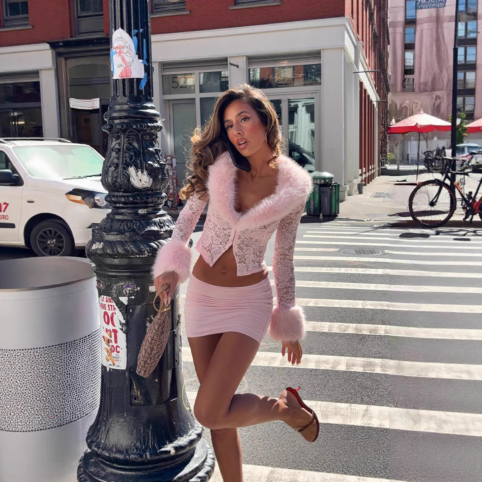 Lace Plush Long Sleeve Top and Sexy Mini Skirt Set Fashionable Street Style Autumn Winter Wholesale Available