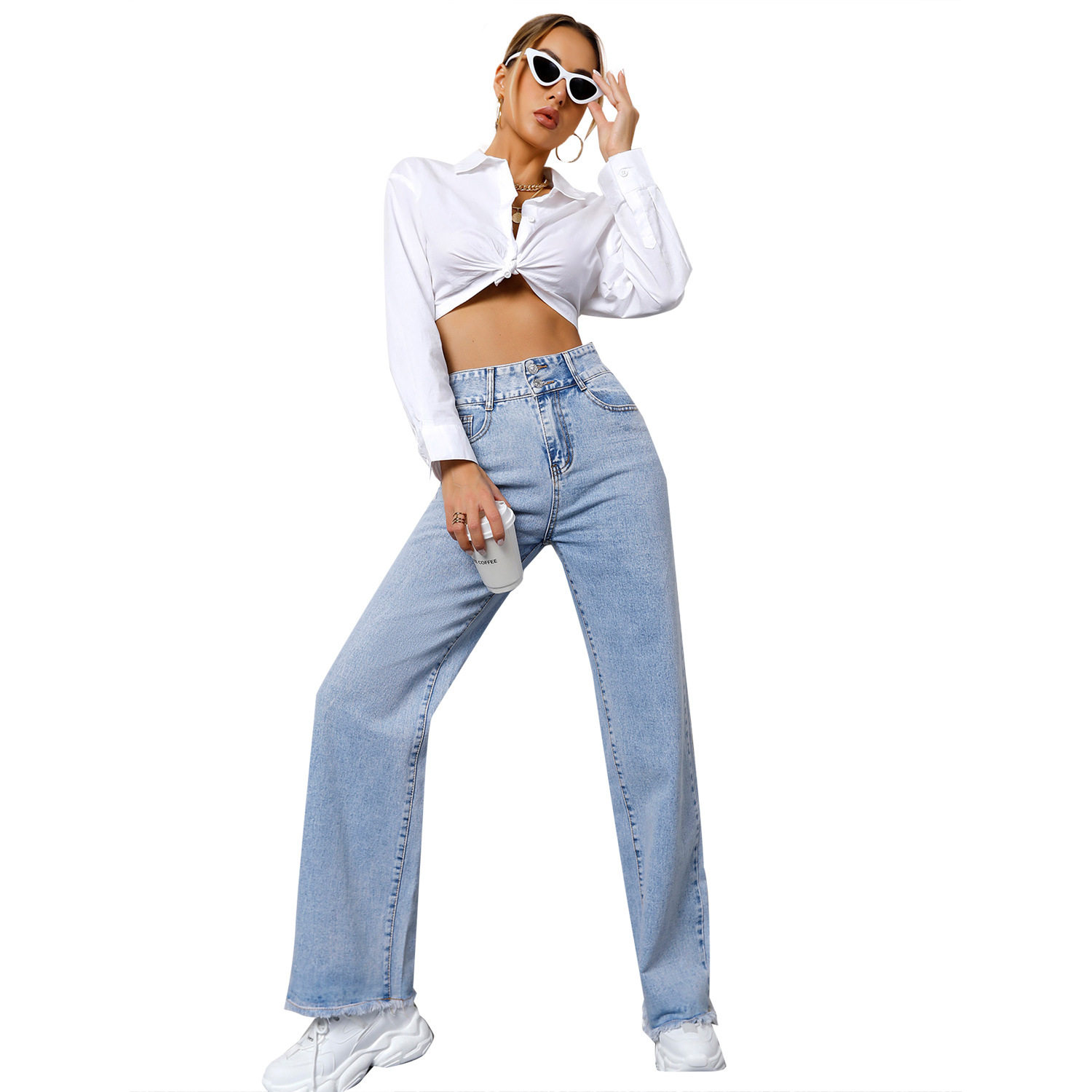 High Waisted Casual Denim Trousers Straight Leg Light Color Versatile Design Perfect for Everyday Wear Wholesale