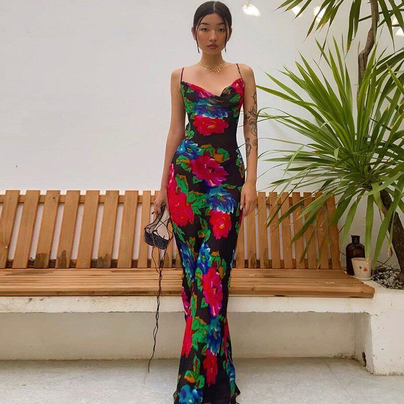 Vintage Floral Maxi Dress Sleeveless Flowy Sexy Neckline Summer Beach Vacation Wear Wholesale Available