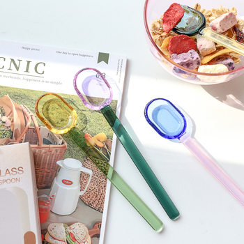 Creative Milk Dessert Contrast Spoon Colorful Transparent High Temperature Resistant Glass Cute Long Handle Coffee Mixing Spoon Spoon