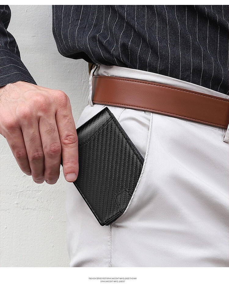 Ví nam da thật họa tiết carbon nhiều ngăn chống trộm RFID kèm kẹp tiền — Màu đen