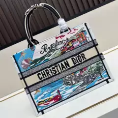 New D Brand Canvas Tote Bag with Monogram Embroidery, Horizontal Diamond Pattern, Princess Diana Montaigne Toujours Versatile Bag