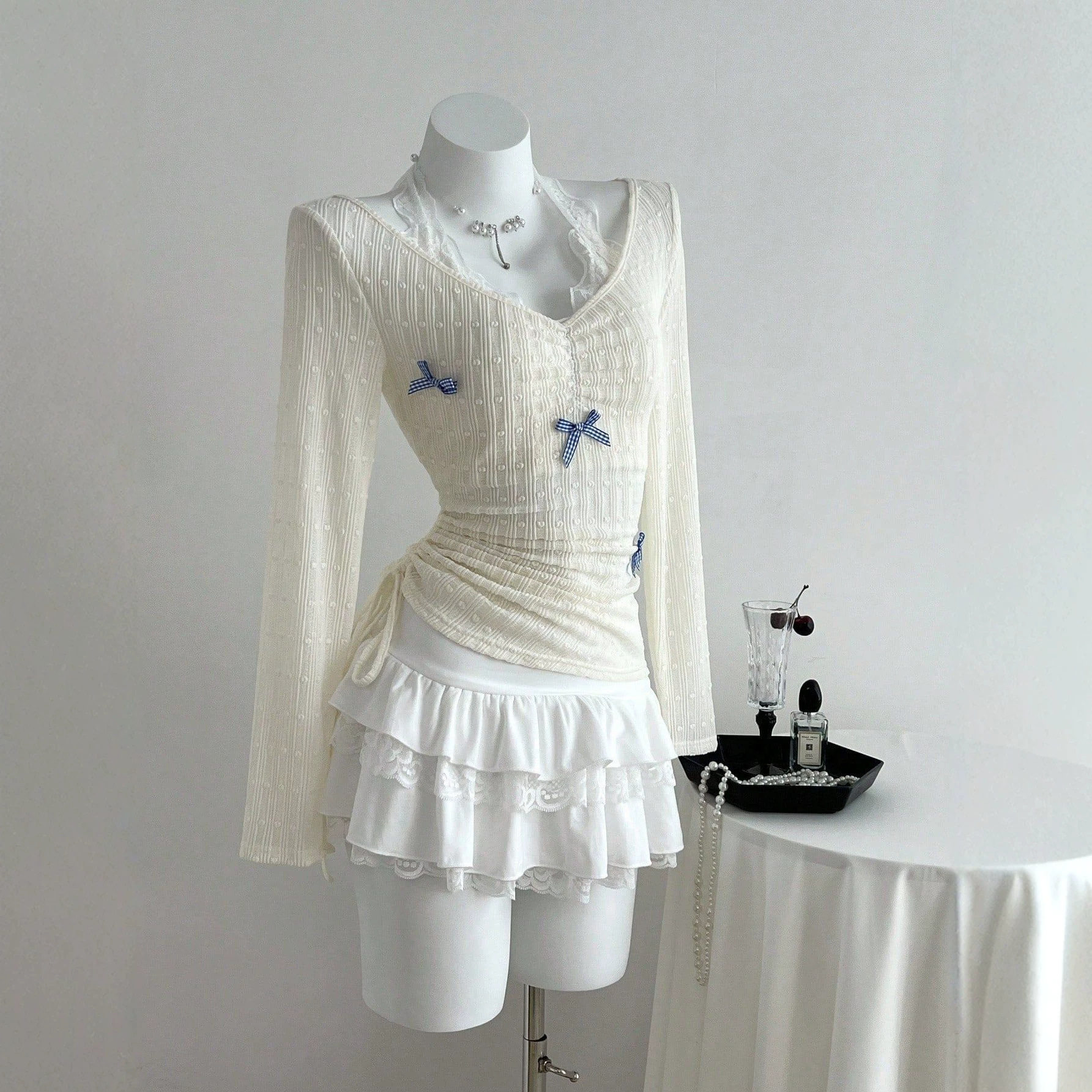 Lace Bow Tie Neck Long Sleeve T Shirt Slim Fit Elegant Design Comfortable Fabric Perfect for Casual Wear Ready to