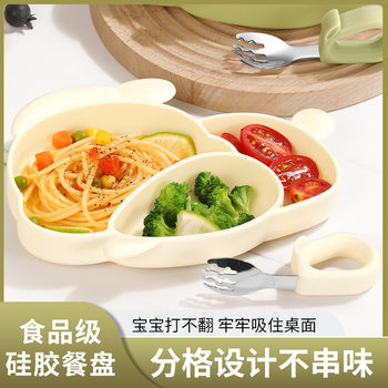 New children's silicone plate creative rabbit infant learning to eat grid plate training complementary food spoon Fork tableware