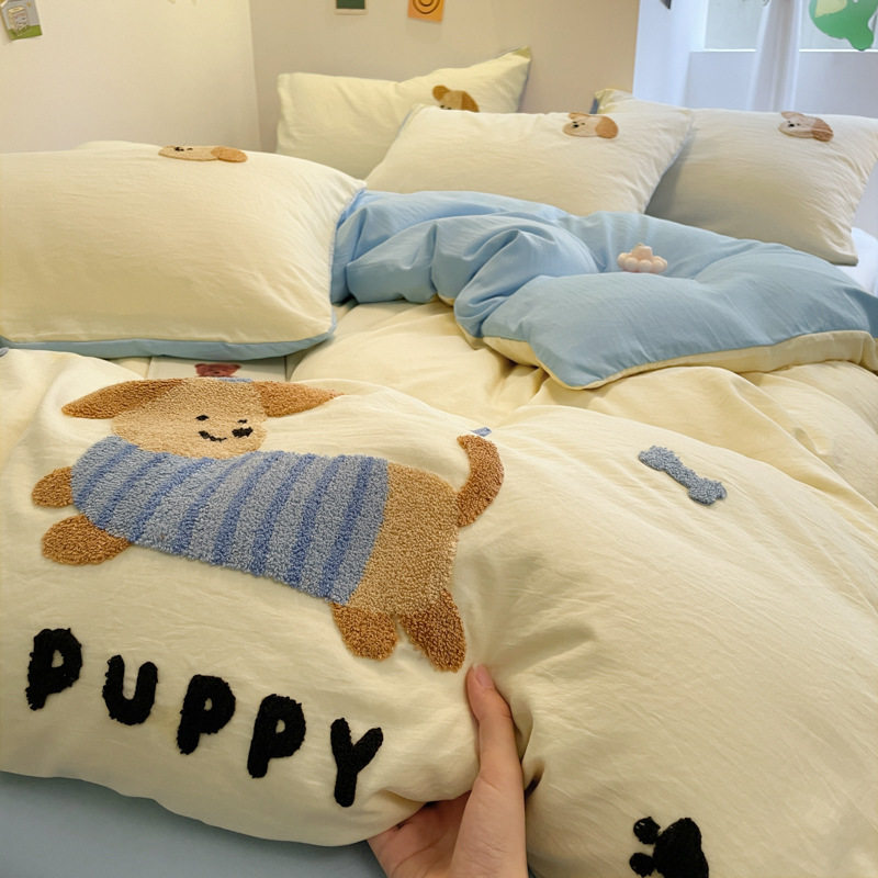 Ins New Towel Embroidered Cartoon Bedding Four-Piece Set Washed Cotton Quilt Cover Student Dormitory Bed Bed Sheets Three-Piece Set 4