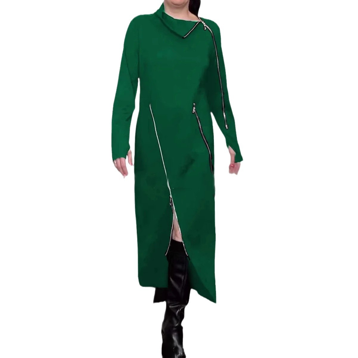 Winter Casual Solid Color High Neck Zip Long Sleeve Dress Stylish Comfortable Versatile Perfect for Everyday Wear