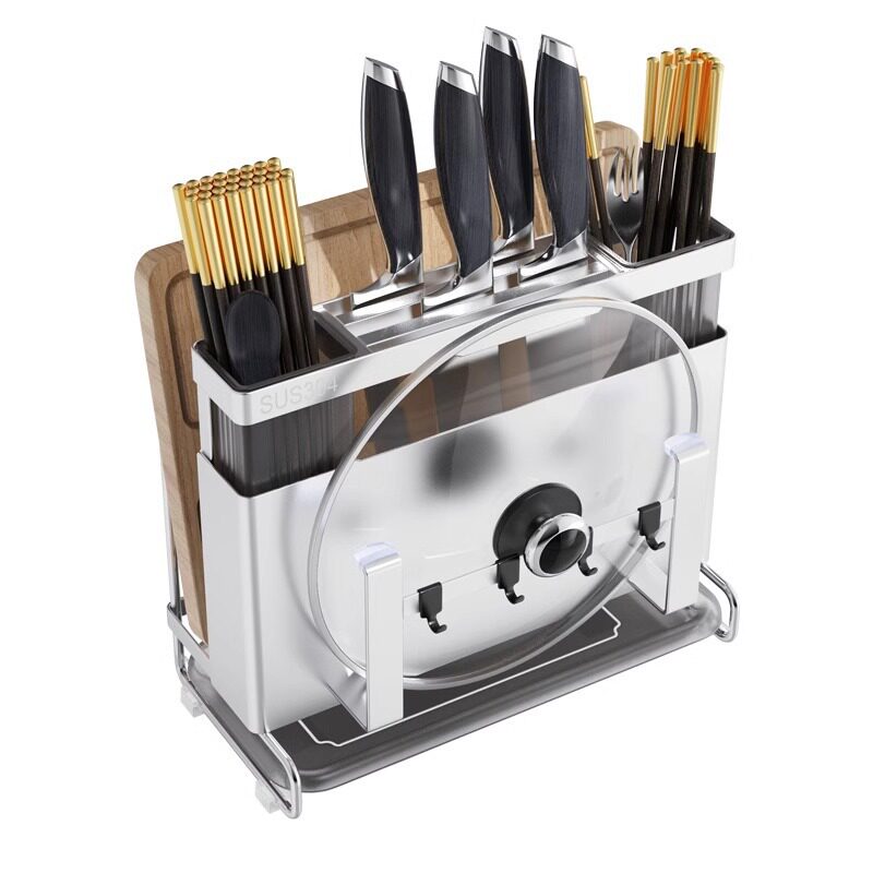 304 Stainless Steel Knife Holder Wall Hanging Multifunctional Kitchen Chopsticks Cage Integrated Kitchen Knife Pot Cover Knife Cutting Board Storage Rack