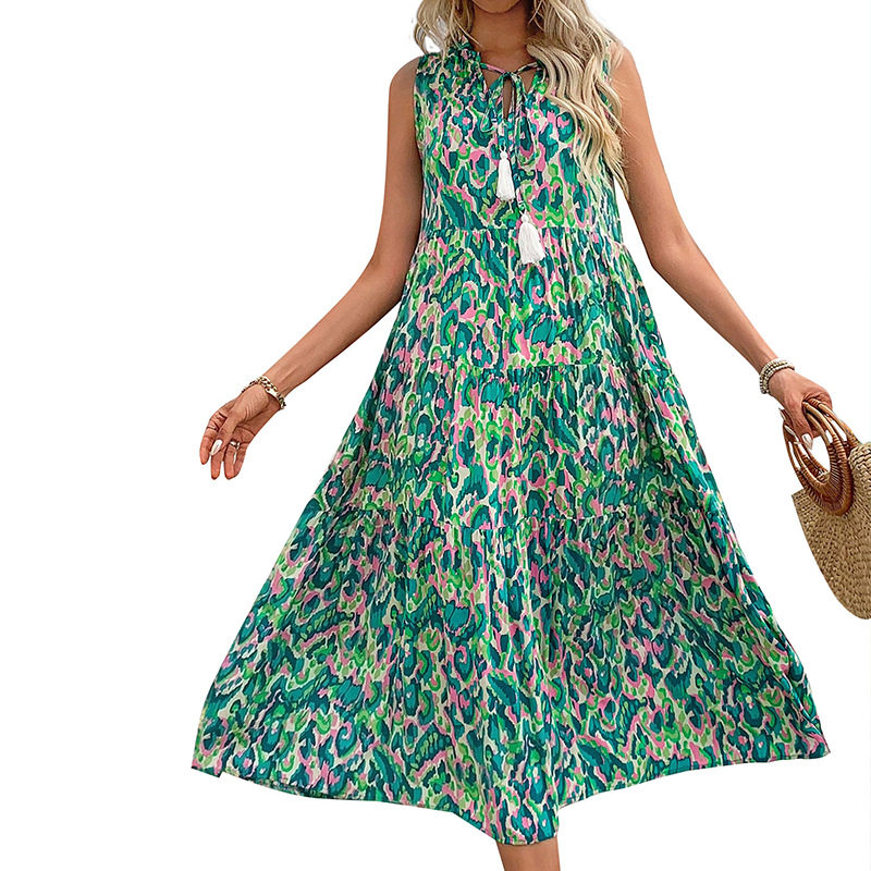 Abstract Print Midi Dress Summer Style Beach Vacation Ready Comfortable Fabric Trendy Design Wholesale Available