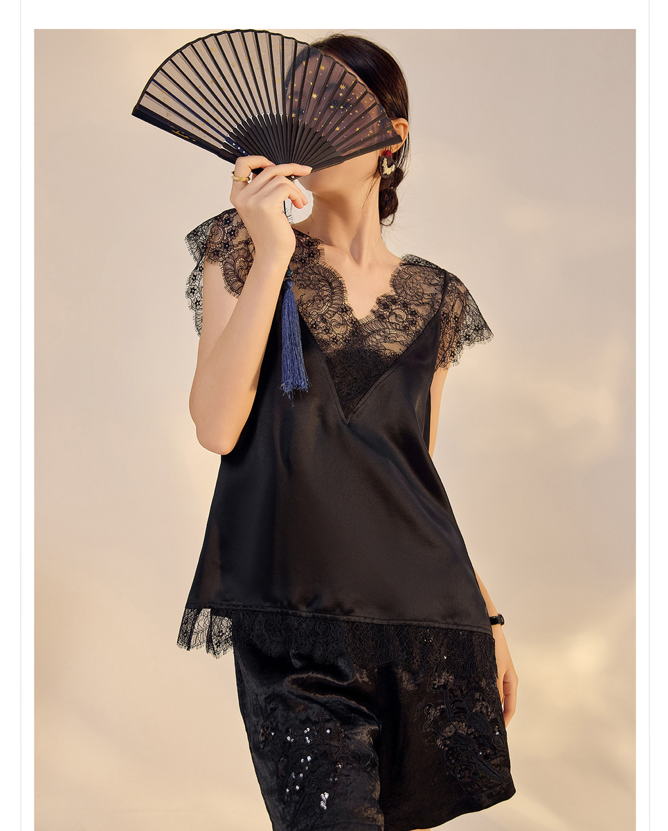 Áo hai dây nữ ren gợi cảm lưng trần dáng dài — Đen Obsidian (Tóc 7 ngày), Màu đen Obsidian (phát hành cùng ngày), Màu trắng ngà (giao hàng trong 7 ngày), Màu trắng ngà (tóc cùng ngày)