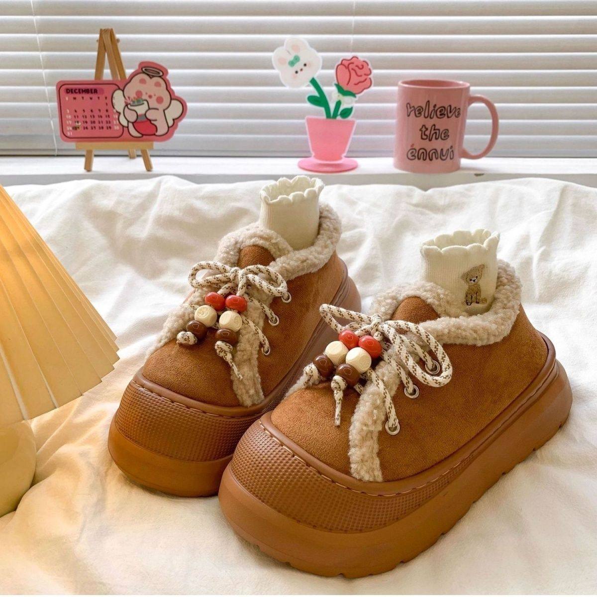 2025 New Autumn and Winter Thick-Soled Korean Style Retro Fur All-In-One Snow Boots for Women Fleece-Lined and Thickeneded Fur Birkenstocks