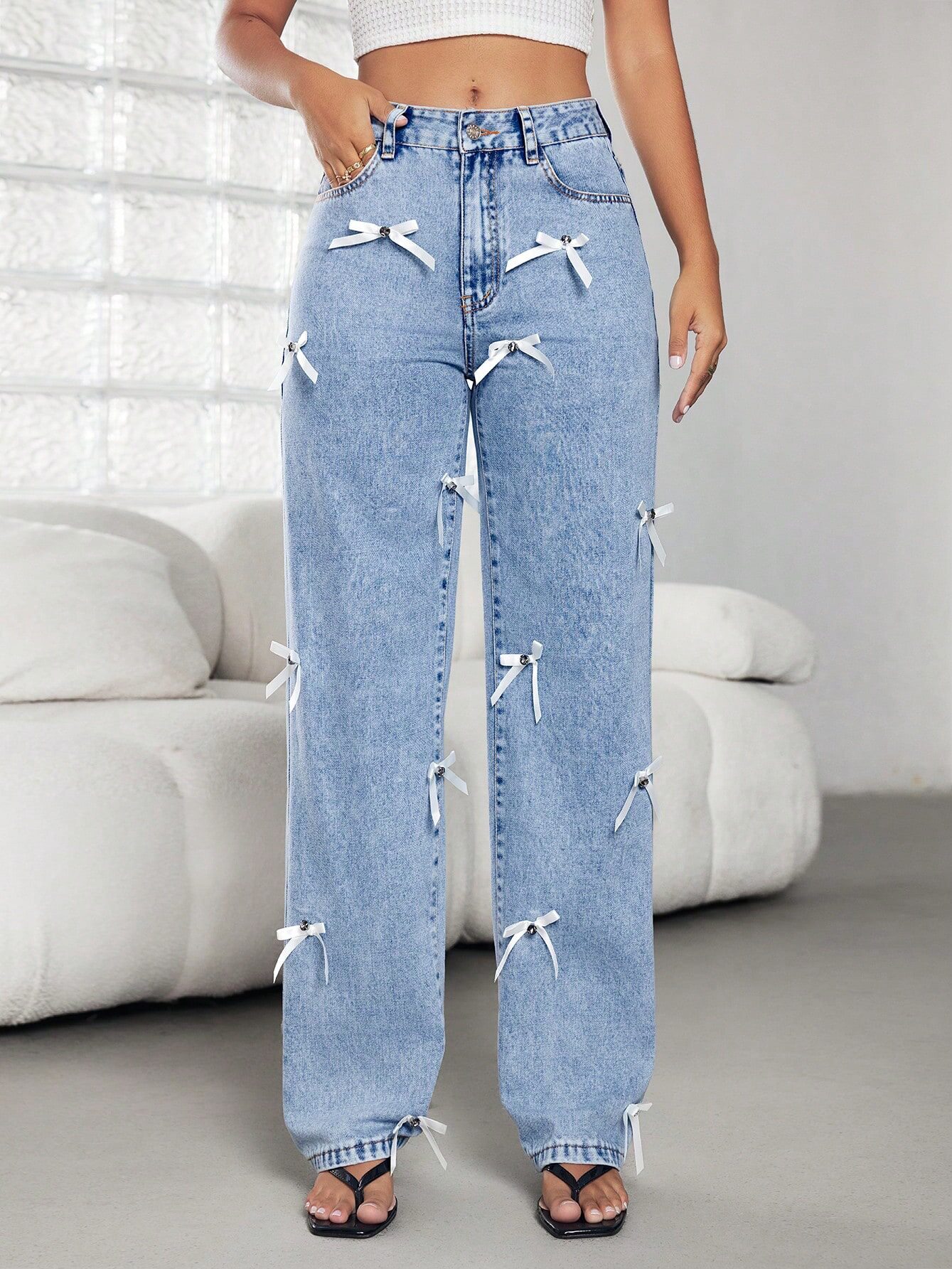 Fashion Womens Wide Leg Denim Trousers Bow Tie Detail All Seasons Trendy Style Wholesale Available