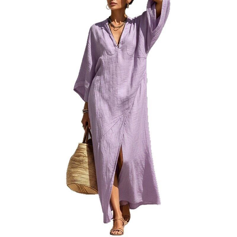 Casual Batwing Sleeve Maxi Dress Loose Fit Side Slit Lightweight Fabric Summer Vacation Wear Wholesale Available