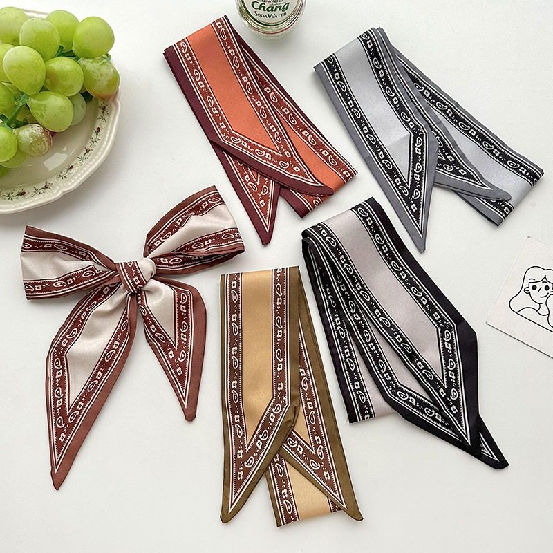 Narrow Long Small Silk Scarf 2025 Women's Spring and Summer Korean Style All-match Tie Hair Tie Bag Solid Color Cashew Flower Hair Belt Ribbon