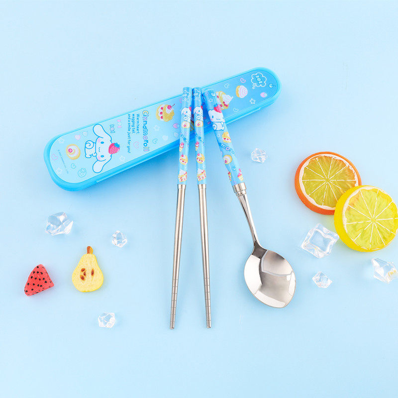Sanrio Chopsticks Spoon suit Cartoon Storage Box Tableware Children's Primary School Girls School Three-Piece Set for One Person
