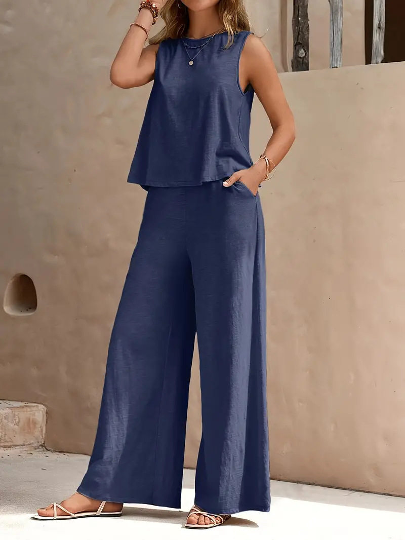 2025 Amazon Europe and the United States cross-border explosions solid color elegant two-piece crew neck vest and wide leg pants suit women's clothing