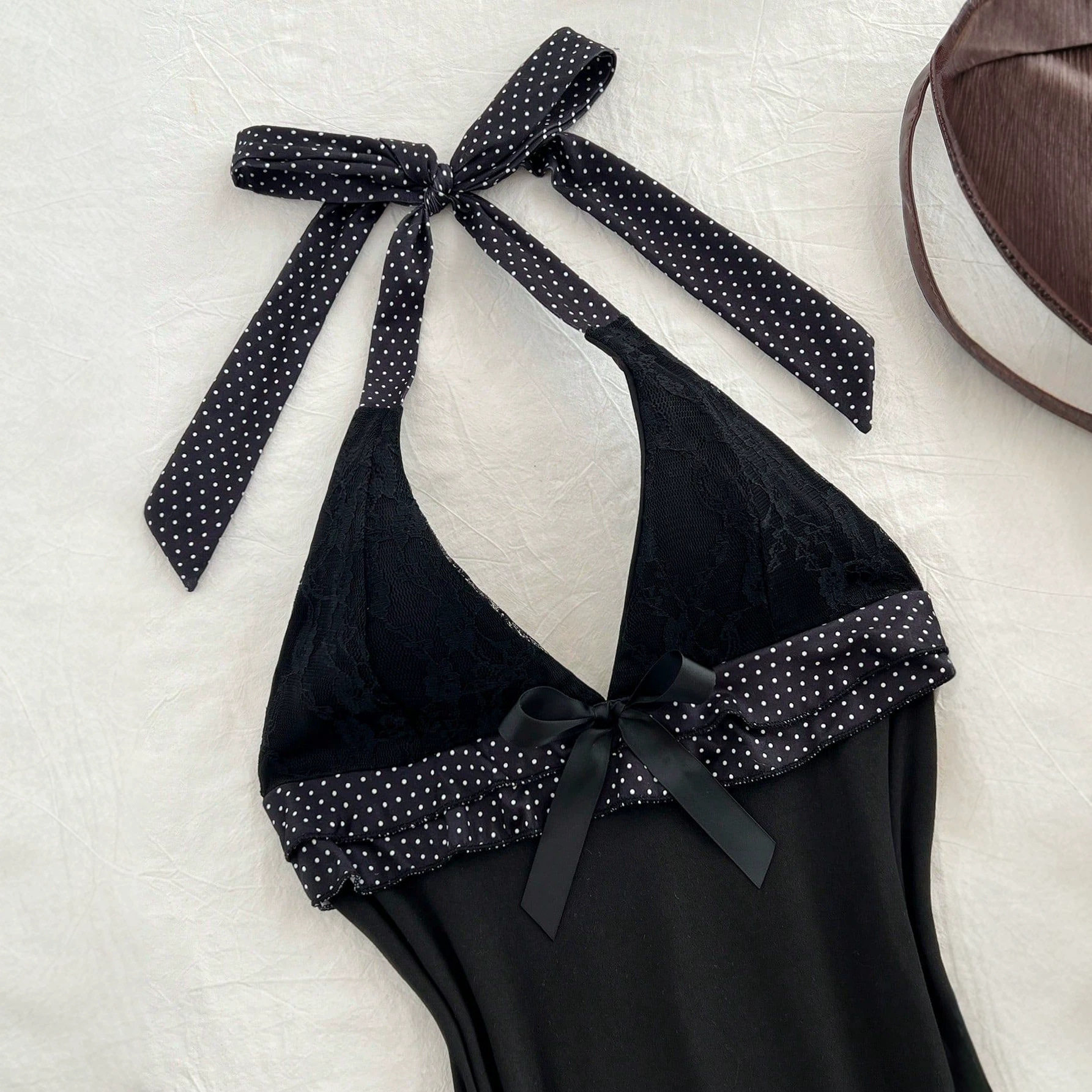 V Neck Halter Mini Dress Ruffled Hem Bow Tie Slim Fit Elegant Evening Wear Ready to Ship private label