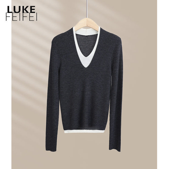 秋冬100%美丽诺羊毛假两件V领针织衫 撞色叠穿打底衫长袖套头上衣