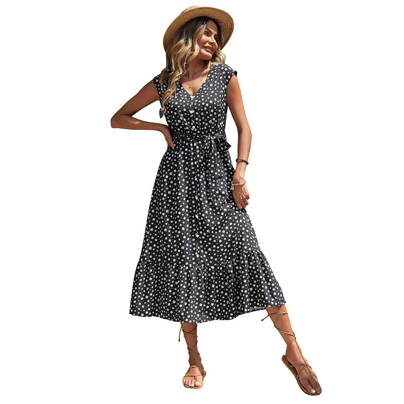 Summer Floral Print Black Sleeveless Dress Elegant Design Comfortable Fabric Versatile Style Wholesale Available