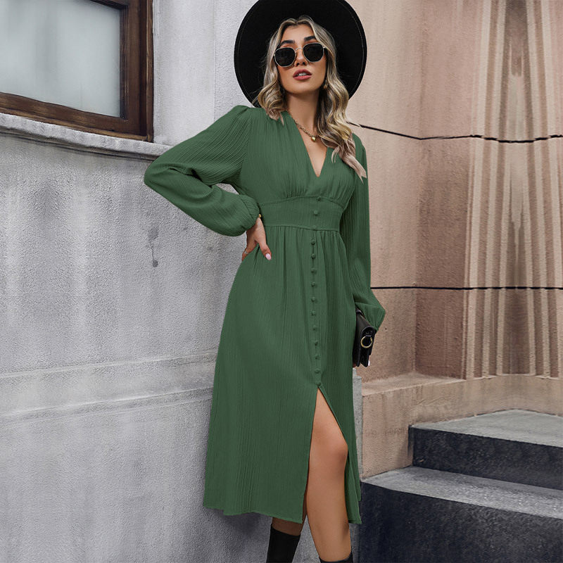 Fashionable Womens Solid Color Long Sleeve Split Dress Elegant Design Versatile for Spring and Autumn Wholesale