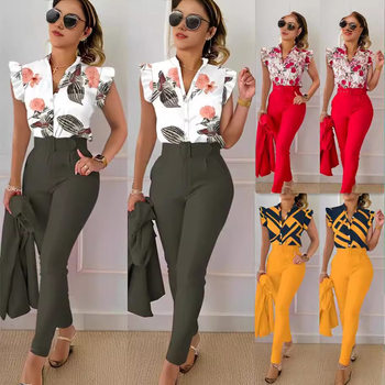 2024 New Casual Fashion Slim-fit Printed Lotus Leaf Sleeve Single-breasted Top Solid Color Pants with Belt Set for Women