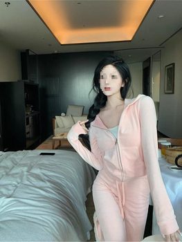 Pink Velvet Hooded Sweatshirt Jacket Women's Autum Wear Suit Casual Slim Pants Straight Pants Two-Piece Set