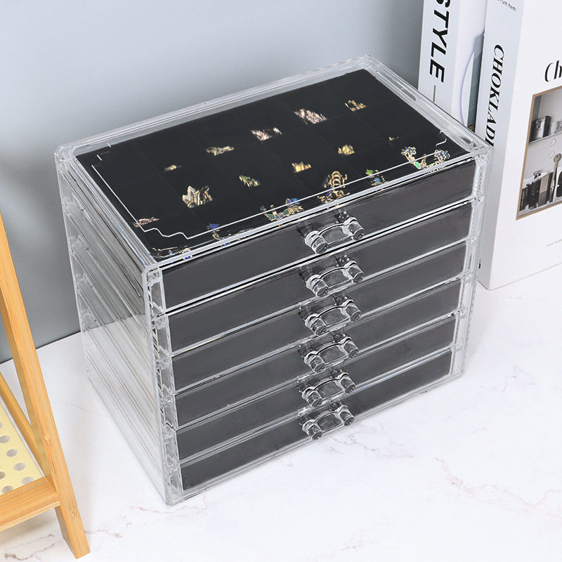 5/6-Layer Multi-Grids Plastic Velvet Storage Box Transparent Drawer-Type Jewelry Jewelry Earrings Ring Jewelry Storage