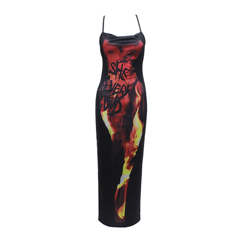 Flame Print Sexy Slip Dress Backless High Slit Sleeveless Summer Party Wear Wholesale Available