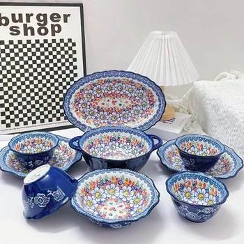 Polish color ceramic underglaze tableware suit retro style whole suit tableware household rice bowl dish fish plate soup bowl