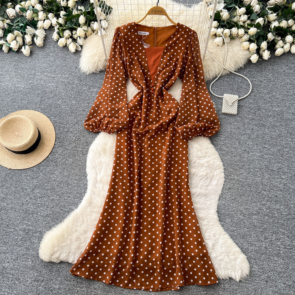 Vintage Polka Dot V Neck Puff Sleeve Dress Slim Fit Elegant Mid Length Summer Office Wear Wholesale Available