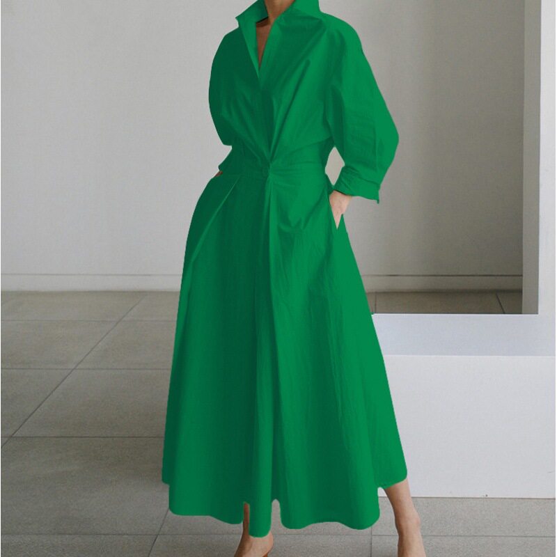 Plus Size Fashionable Polo Collar Dress Loose Fit Three Quarter Sleeves Flared Hem Ideal for Commuting Wholesale