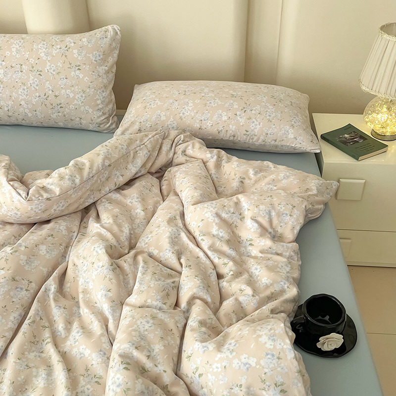 Class A maternal and infant grade knitted cotton double-layer yarn four-piece set small fresh floral bed sheet quilt cover student three or four-piece set