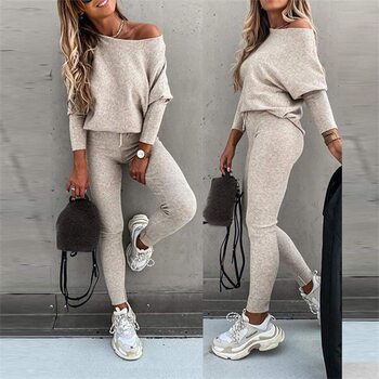 2025 European and American Foreign Trade Solid Color Fashion Casual Lace-Up Off-Shoulder Sports Long Pants Set for Women, European and American Trend