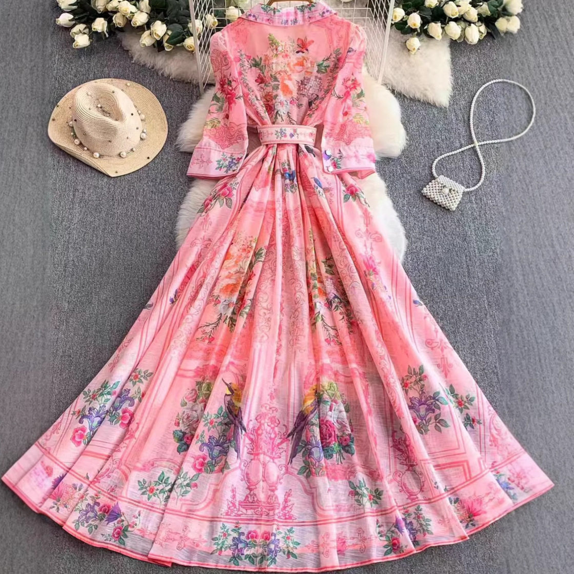 French Floral Print Blazer Dress Three Quarter Sleeve Single Breasted Waist Defined Flared Hem Spring Fall Vacation