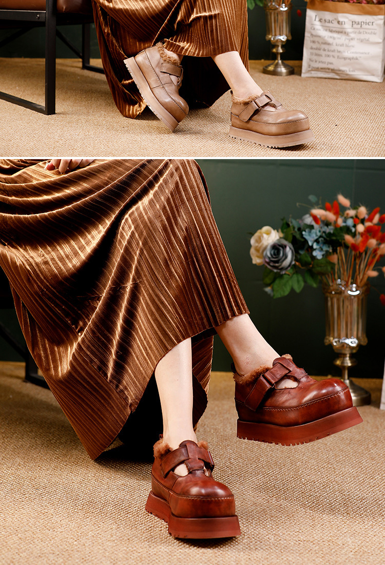 Giày boot nữ cổ cao da bò lộn thật lót lông cừu đế dày giữ ấm mùa đông — màu kaki, nâu sẫm