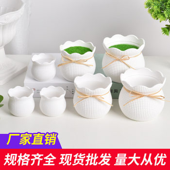 Factory Direct Sales Simple Creative Imitation Porcelain Plastic Flower Pots Round Thickened Flower Pots Plastic Flocking Set Flower Pots Wholesale