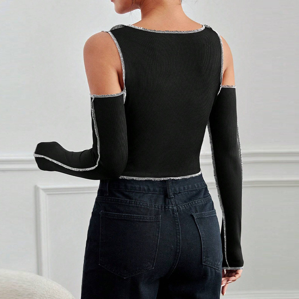 Slim Fit Color Block Off Shoulder Long Sleeve T Shirt Stylish Stitching Detail Casual Wear for Women Wholesale Available